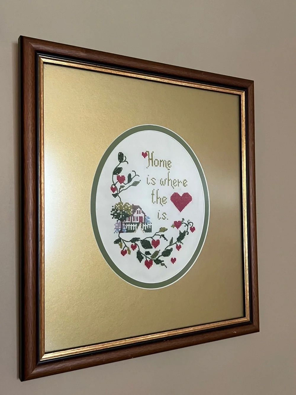 Framed Vintage Cross Stitched Home is Where the Heart Is Wall Art - Gold Brown